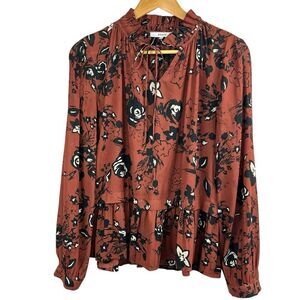 RO & DE Anthropologie Rust Brown Floral Peplum Blouse Ruffle Tie Neck S